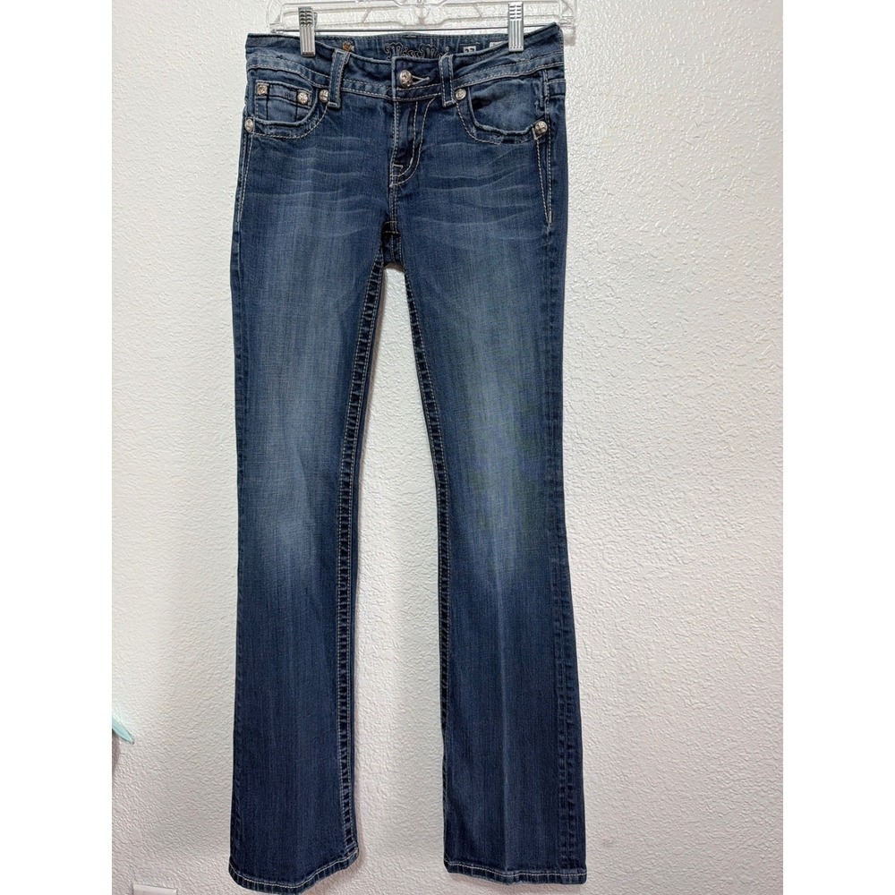 Miss Me Women Dark Wash Bootcut Jeans Cross Fleur De Lis Embellished Size 27